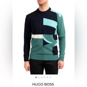 Hugo Boss Abstract Crewneck Sweater in Navy, Teal & Cream 100% wool